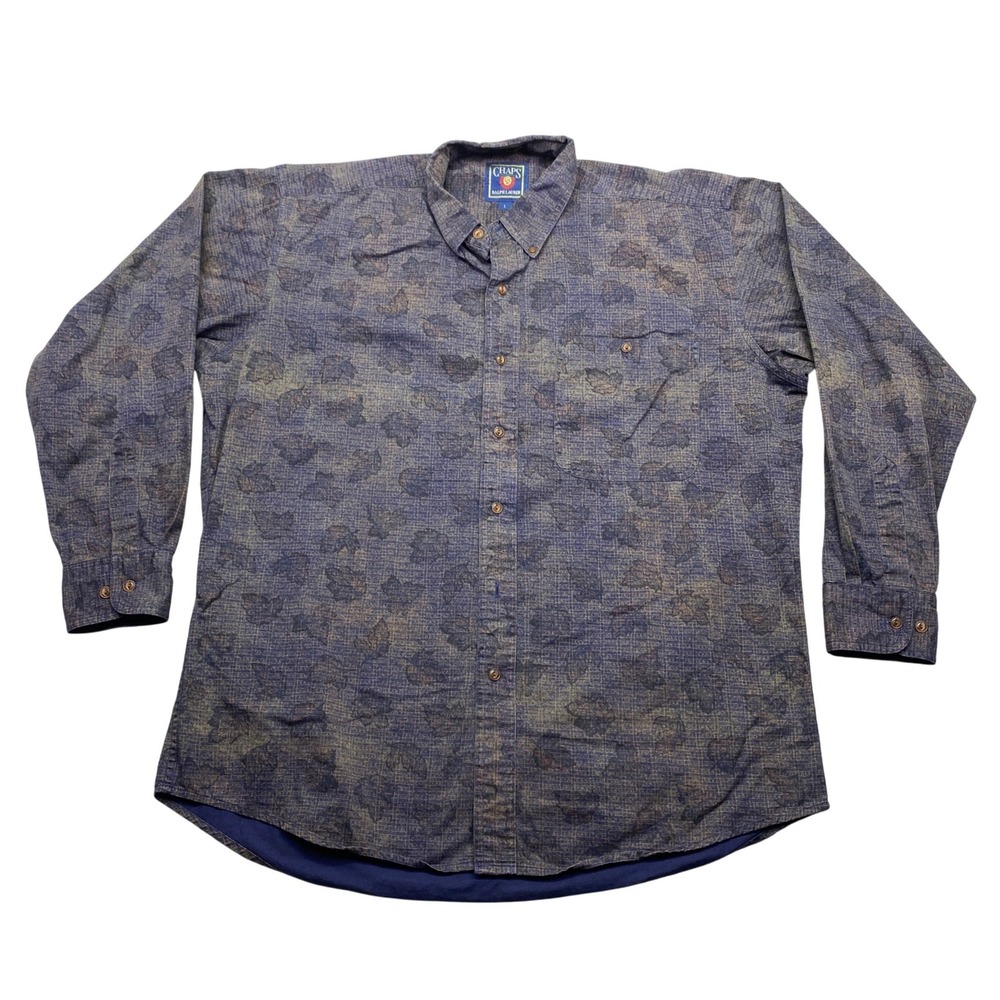 VTG Chaps Ralph Lauren Mens Sz L Blue Leaf Print Button Down Shirt Long Sleeve L